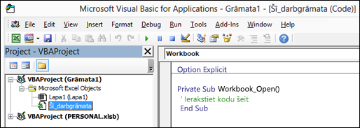 ŠisDarbgrāmatas modulis Visual Basic redaktorā (VBE)