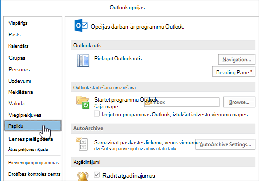 Outlook opcijas ar atlasītu opciju Papildu