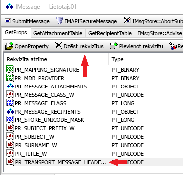 Izmantojiet programmu OutlookSpy, lai dzēstu PR_TRANSPORT_MESSAGE_HEADERS vienumu.