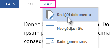 Lasīšanas režīma izvēlnes Skats daļas attēls, kurā ir atlasīta opcija Rediģēt dokumentu.