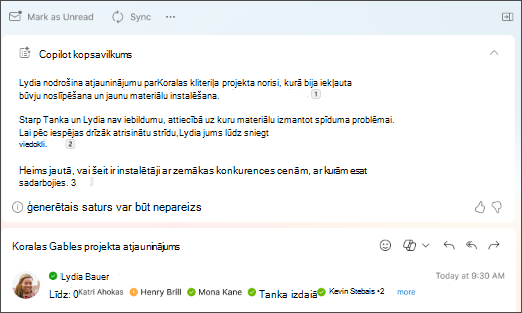 E-pasta pavediena kopsavilkums ar Copilot izveidotām atsaucēm.