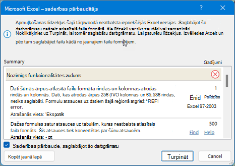 Meklēšanas izmantošana, lai novērstu ar Excel lapas saderību saistītas problēmas