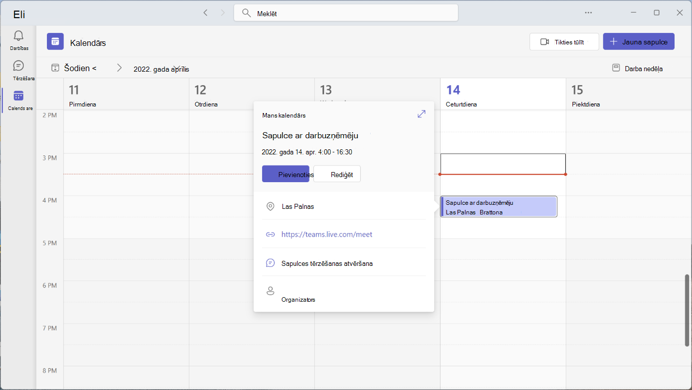 Outlook kalendārs ar parādītu kalendāra sapulces logu.