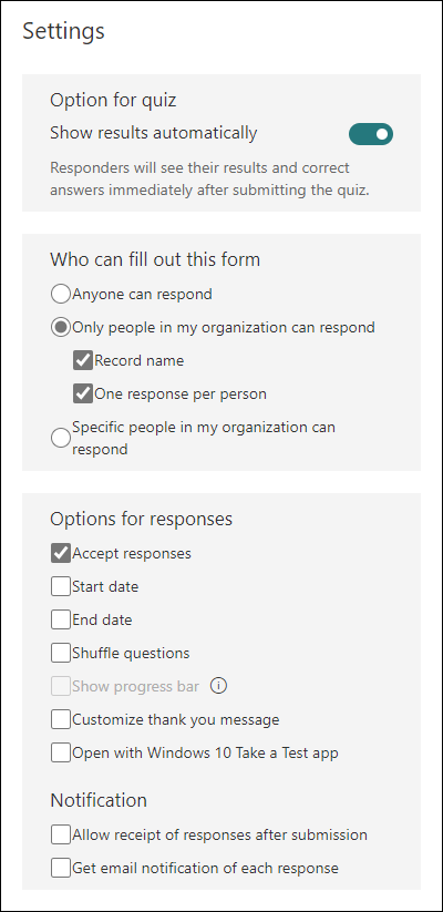 Iestatījumi Microsoft Forms rūts