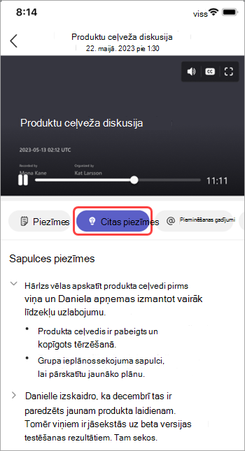 Skatiet AI ģenerētās piezīmes Teams sapulces rīkā.