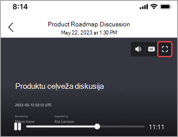 Pieskarieties pilnekrāna ikonai, lai parādītu sapulces ierakstu visā ekrānā.