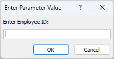 Parāda sagaidāmā dialoglodziņa Parametra vērtības ievadīšana piemēru programmā Access ar identifikatoru "Ievadiet darbinieka ID", lauku, kurā ievadīt vērtību, un pogas Labi un Atcelt.