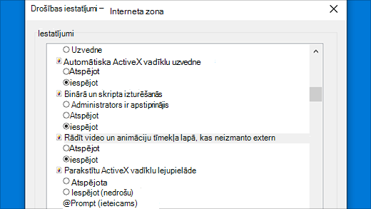 Drošības iestatījumi: ActiveX vadīklas pārlūkā Internet Explorer