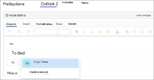 Ekrānuzņēmums ar lauku Uz programmā Outlook, kurā redzama atlasīta e-pasta adrese.