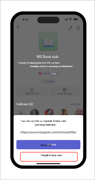 Ekrānuzņēmums ar tīmekļa vietnes rediģēšanas pogu lietojumprogrammā Microsoft Teams (bezmaksas) mobilajā ierīcē.