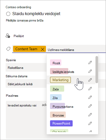 Selecting a label in task details in Planner