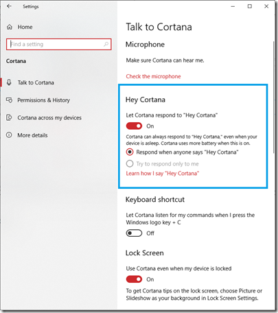Ekrānuzņēmums Ei Cortana iestatījums