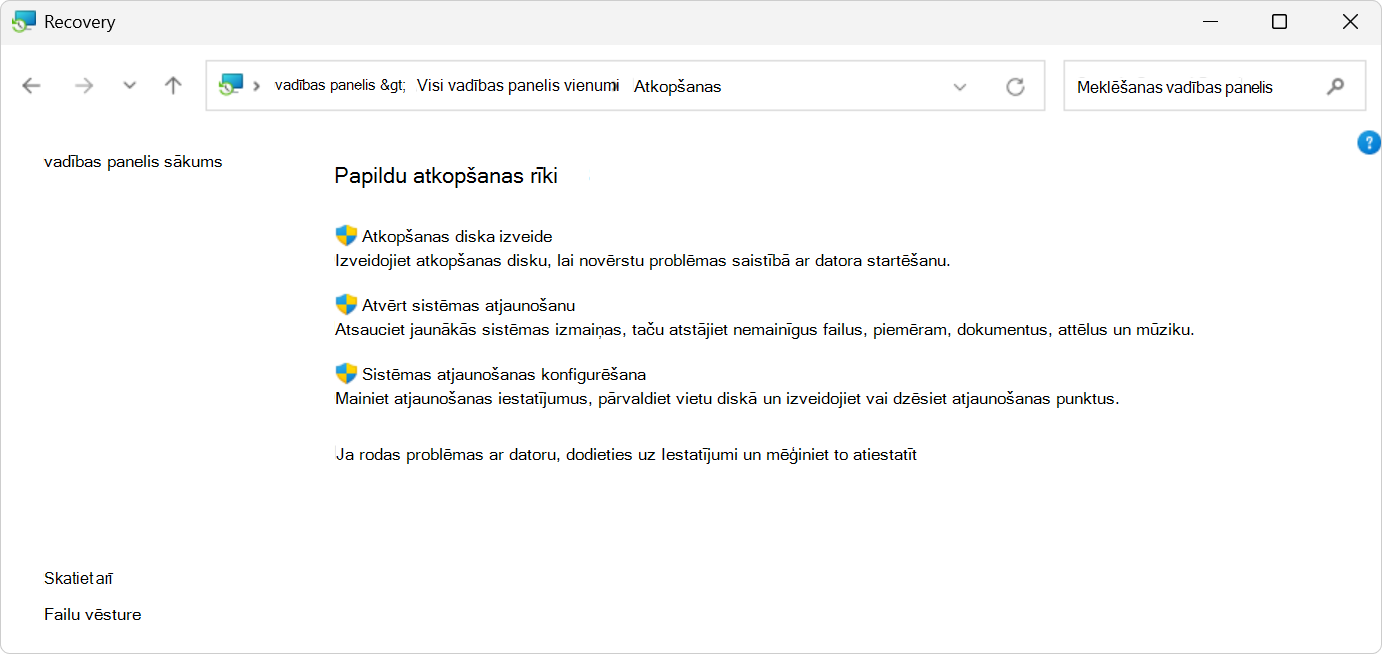 Ekrānuzņēmums ar atkopšanas opcijām vadības panelis.