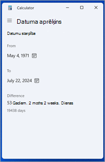 Datuma starpības aprēķins programmā Windows kalkulators.