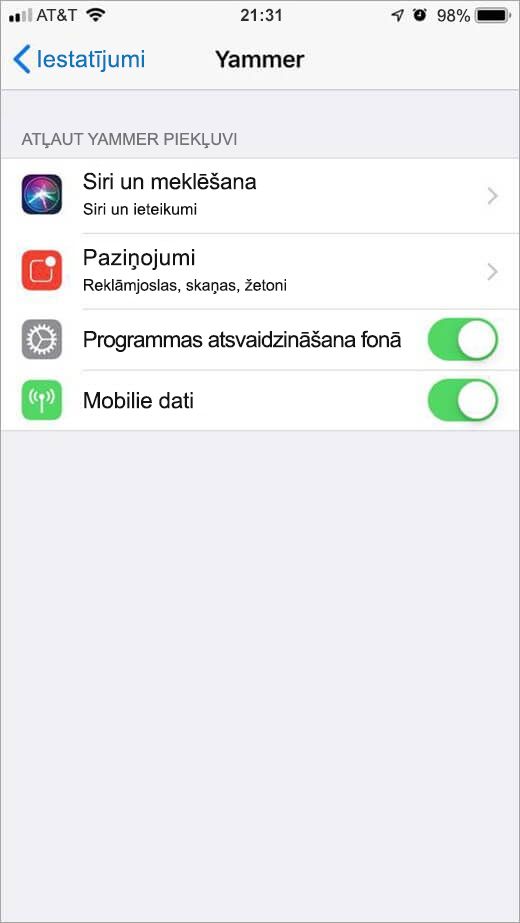 iOS Yammer iestatījumu izvēlne