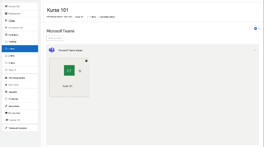 Screenshot of Moodle, selecting the Class Team