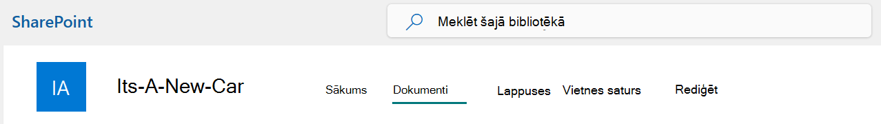 SharePoint vietnes augšējā joslas izvēlne ar atlasītu opciju Dokumenti.