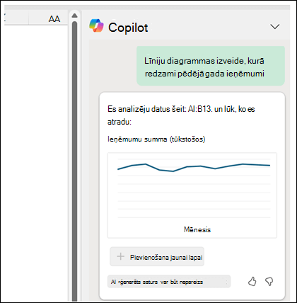 Copilot rūtī tiek rādīta uzvedne "Izveidot līniju diagrammu, kurā redzami ieņēmumi pēdējā gadā", kam seko ģenerēta līniju diagramma, kurā redzami ieņēmumi.