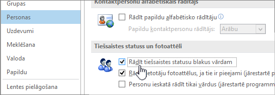 personas cilne dialogā Opcijas ar iezīmētu opciju Rādīt tiešsaistes statusu