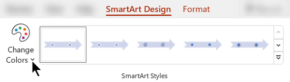 Cilnē SmartArt noformējums izmantojiet opciju Mainīt krāsas, lai atlasītu citu grafikas krāsu.