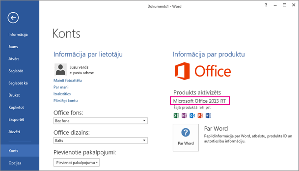 Word RT showing the File > Account window