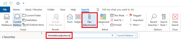 Search criteria "From" "Subject", "Has Attachments"