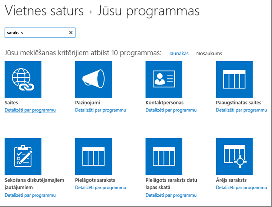 Programmu saraksts lapā Vietnes saturs