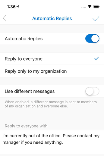 Automātiskās atbildes izveide programmā Outlook Mobile