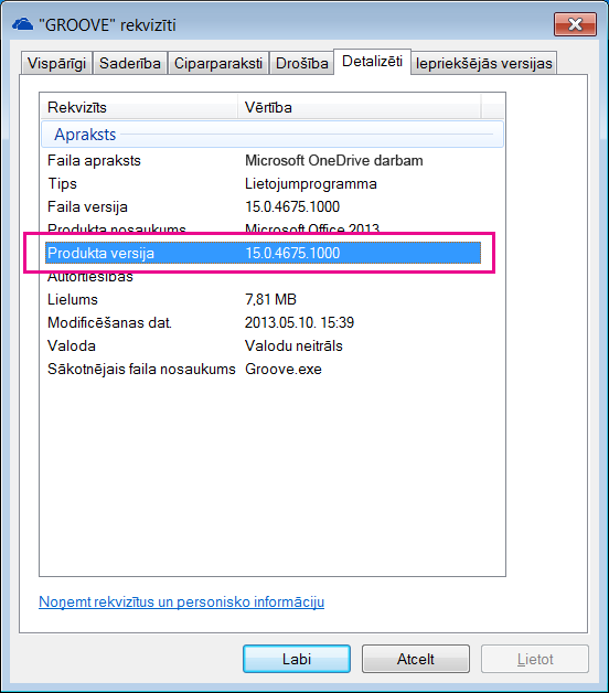 groove.exe rekvizītu dialoglodziņš, kurā tiek rādīta OneDrive darbam sinhronizācijas lietojumprogrammas produkta versija.