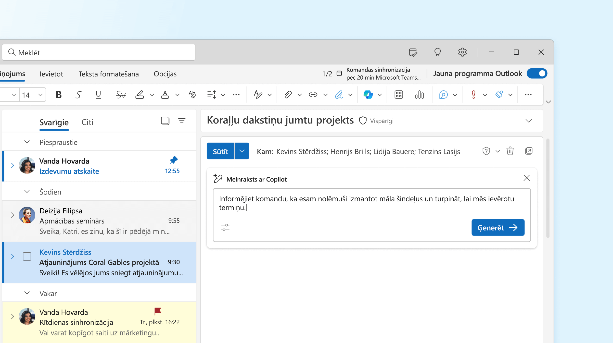 Ekrānuzņēmums, kurā redzams, kā Copilot programmā Outlook sagatavo e-pasta ziņojuma melnrakstu.