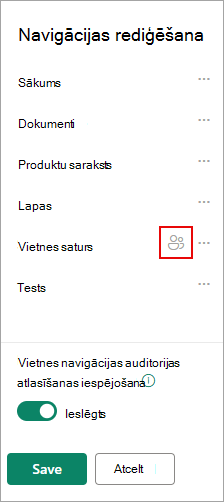 Sadaļā Rediģēt navigāciju ikona apstiprina jūsu mērķa saites.