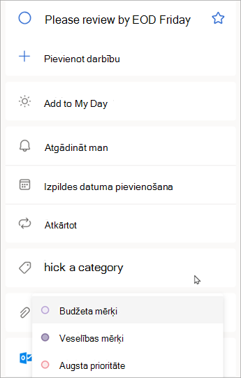 Kad tiek parādīta uzdevuma informācija, atlasiet Izvēlēties kategoriju, lai piešķirtu kategoriju, ko jau esat izveidojis programmā Outlook.