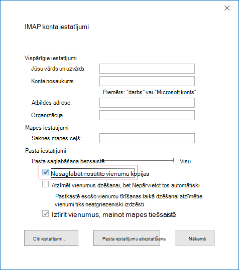 IMAP konta iestatījumi: nesaglabāt nosūtīto vienumu kopijas