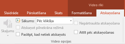 PowerPoint lentes cilnē Atskaņošana ir opcijas, lai izvēlētos, kā atskaņot video.