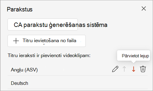 Parakstu ieraksta pārvietošanas lejup poga titru rūtī.