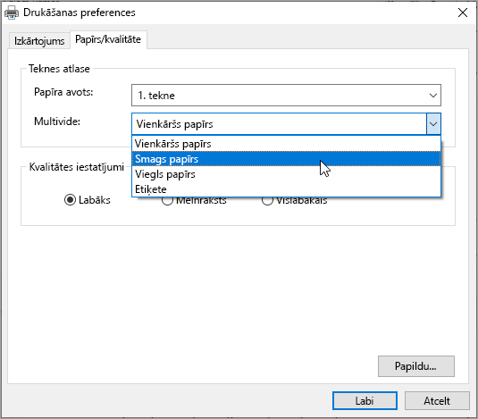 Windows sistēmas drukāšanas dialoglodziņa Preferences