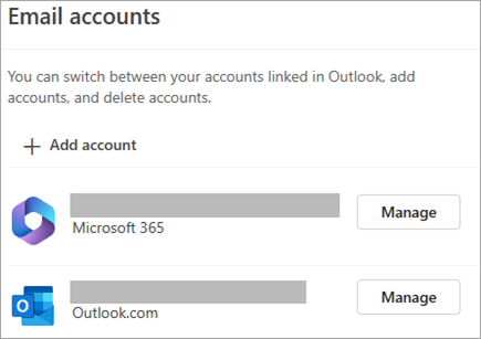 Ekrānuzņēmums, kurā redzams logs Iestatījumi, kurā redzama opcija Pārvaldīt kontus programmā Outlook