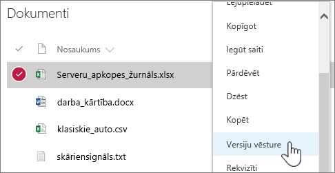 Ar peles labo pogu noklikšķināmā dokumentu bibliotēkas izvēlne, kurā iezīmēta versiju vēsture