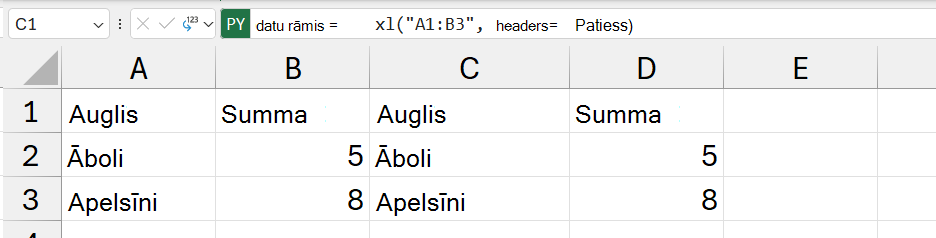 DataFrame saturs, kas atgriezts kā Excel vērtības.