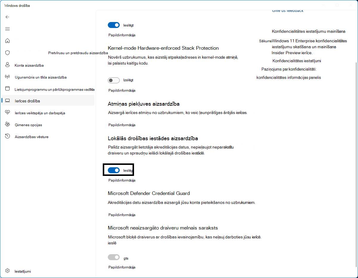 LSA aizsardzības kontrole Windows drošības programmas Core Isolation lapā