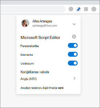 Microsoft redaktors, kurā tiek rādīta nolaižamā izvēlne no pārlūkprogrammas ar iestatījumiem opciju ieslēgšanai un izslēgšanai