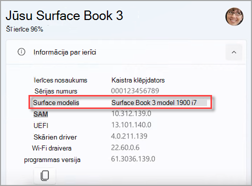 Surface ierīces modeļa nosaukuma atrašana programmā Surface.