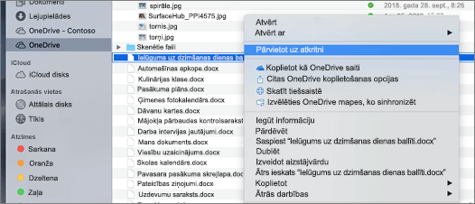 Labā klikšķa izvēlnes atlase faila dzēšanai no OneDrive, izmantojot Mac Finder