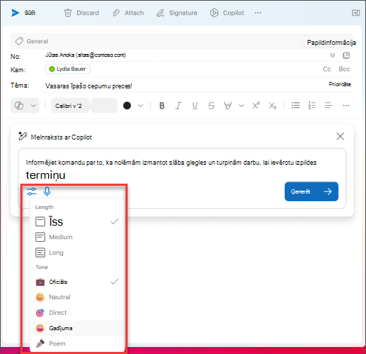 Garuma un toņu opcijas, lai izvēlētos, veidojot epasta ziņojumu melnrakstu programmā Outlook izmantojot Copilot