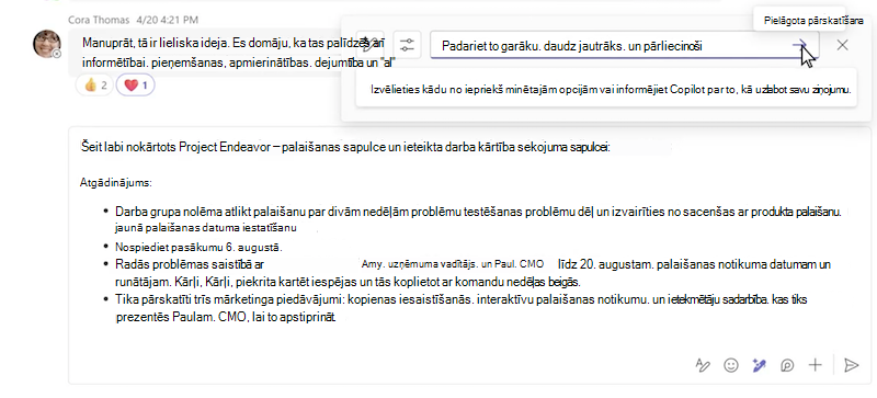 Ziņojuma pielāgota pārrakstīšanu, Microsoft Teams tērzēšanā izmantojot Copilot.