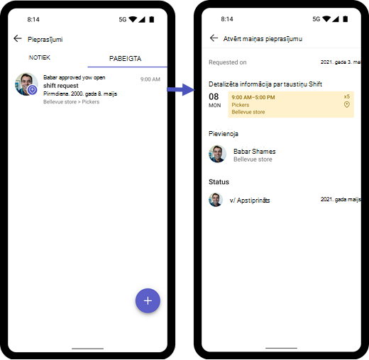 Ekrānuzņēmums ar paziņojumu un darbinieka atvērto maiņas pieprasījumu, ko apstiprinājis vadītājs mobilajās ierīcēs.