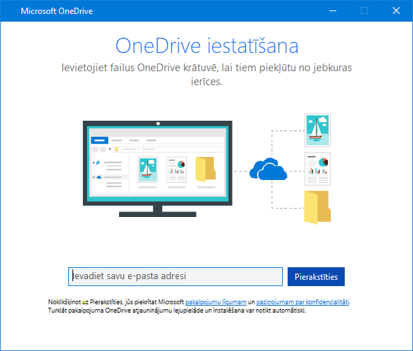 OneDrive iestatīšanas ekrāna jaunais UI