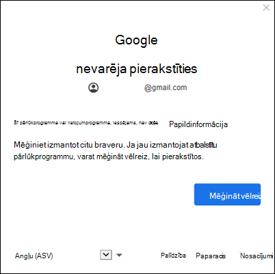 Google konta pievienošana klasiskajā Outlook kļūdas ziņojumā