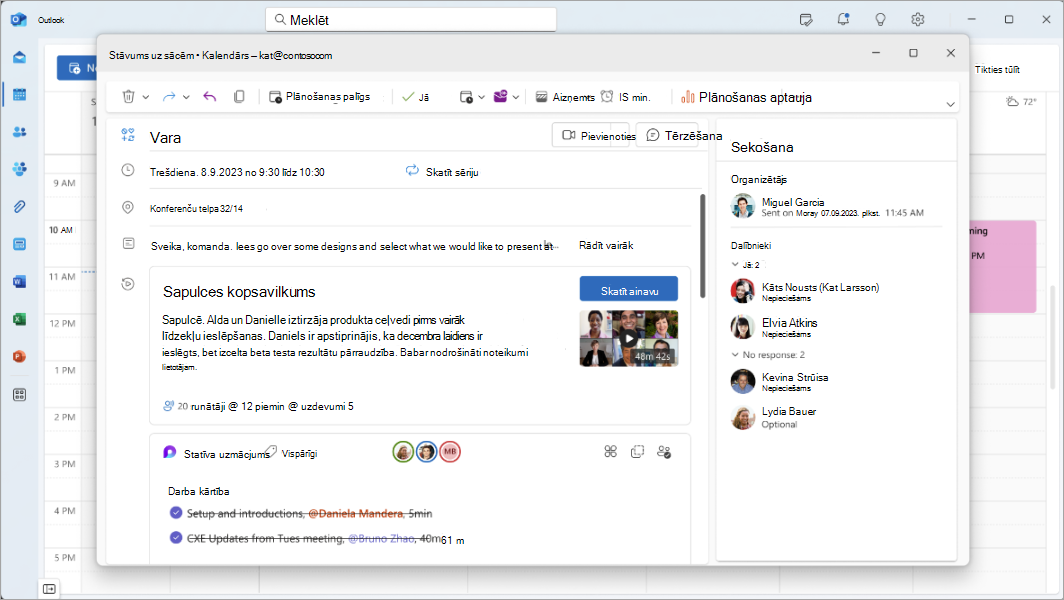 Ekrānuzņēmums, kurā redzama Teams sapulces labiekārtoja programmā Outlook.