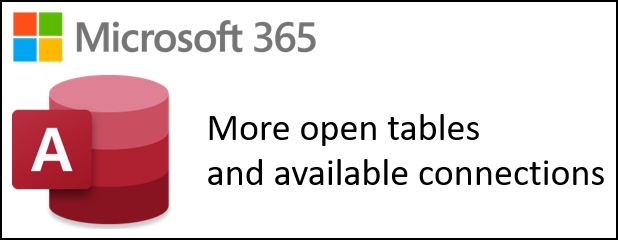 Access pakalpojumam Microsoft 365 logotipu blakus tekstam ar vairākām atvērtām tabulām un pieejamiem savienojumiem